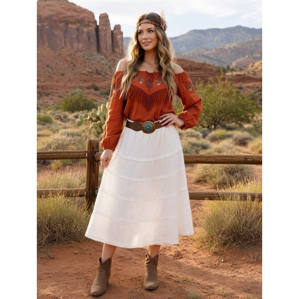 Soft Surroundings Skirt‎ Womens Small White Linen Tiered A-Line Beach Western